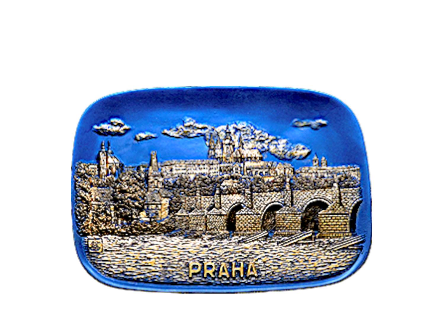 Rectangular ceramic tile featuring a raised relief of Prague Castle and Charles Bridge in bronze tones on a vibrant cobalt. - Daily - Prague Judaica