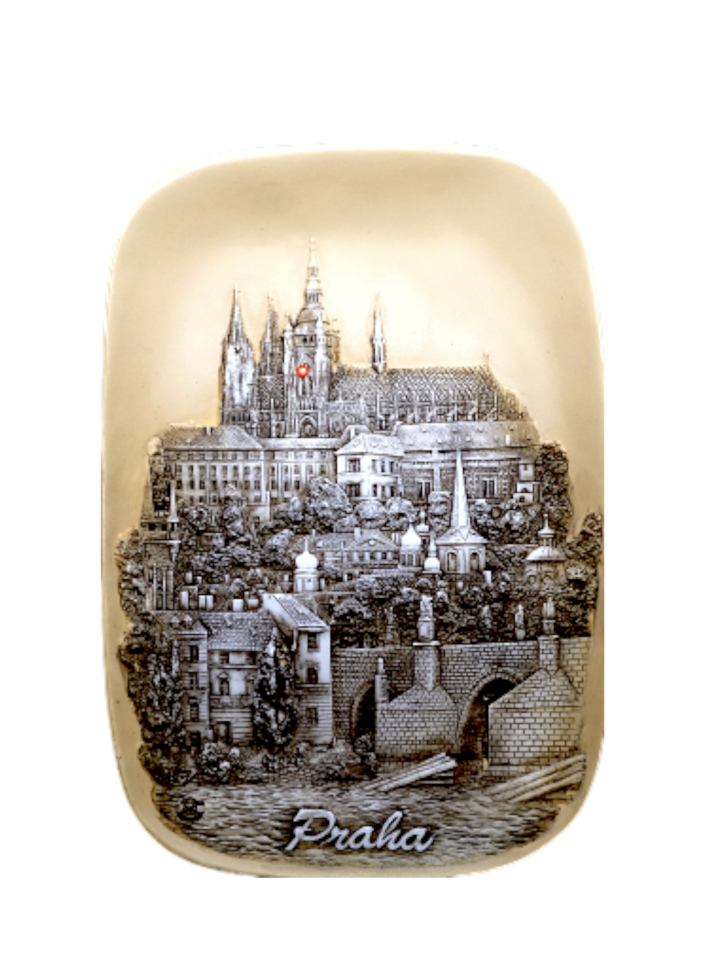 Rectangular ceramic tile with rounded edges featuring a detailed sepia-toned illustration of Prague Castle and Charles. - Daily - Prague Judaica