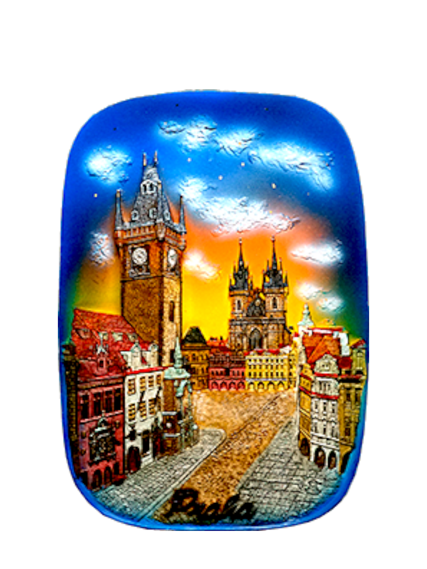 Rectangular ceramic tile featuring a colorful relief of Old Town Square in Prague, with detailed historic buildings under a. - Daily - Prague Judaica