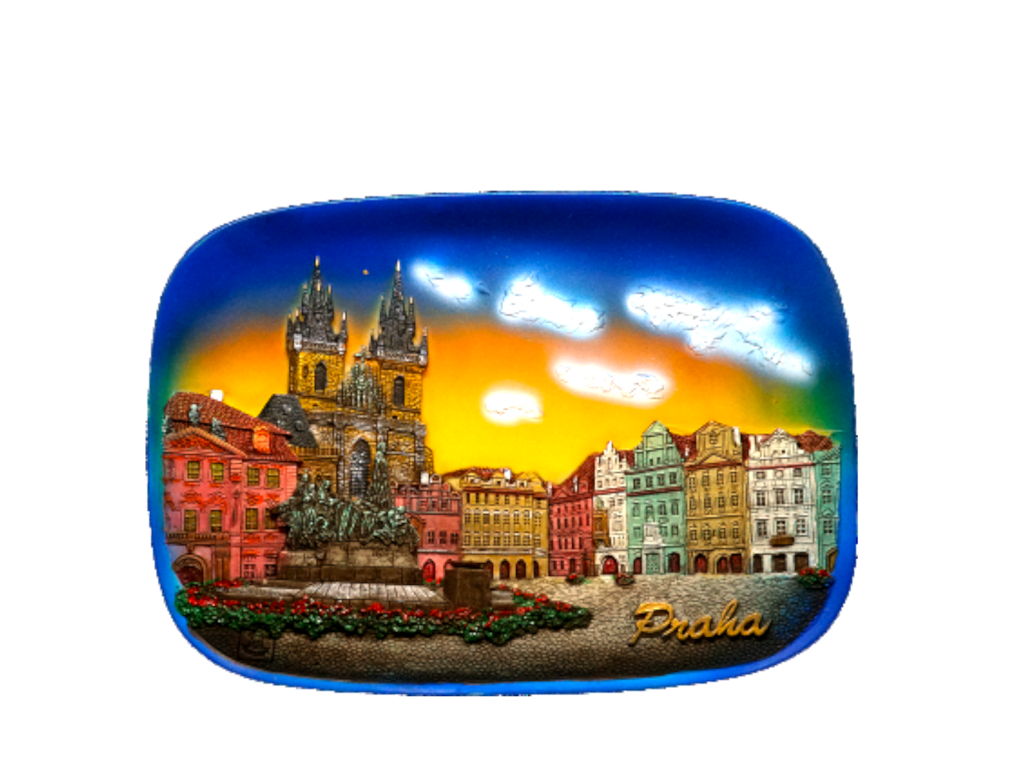 Rectangular ceramic tile with rounded edges featuring a vibrant, detailed depiction of Church of Our Lady before Týn in. - Daily - Prague Judaica
