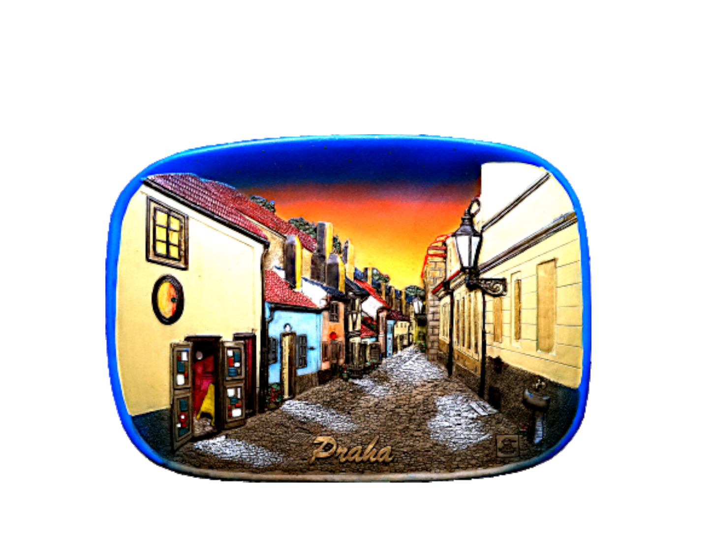 Rectangular ceramic tile with a colorful relief of Golden Lane at Prague Castle, depicting small historic houses under a. - Daily - Prague Judaica