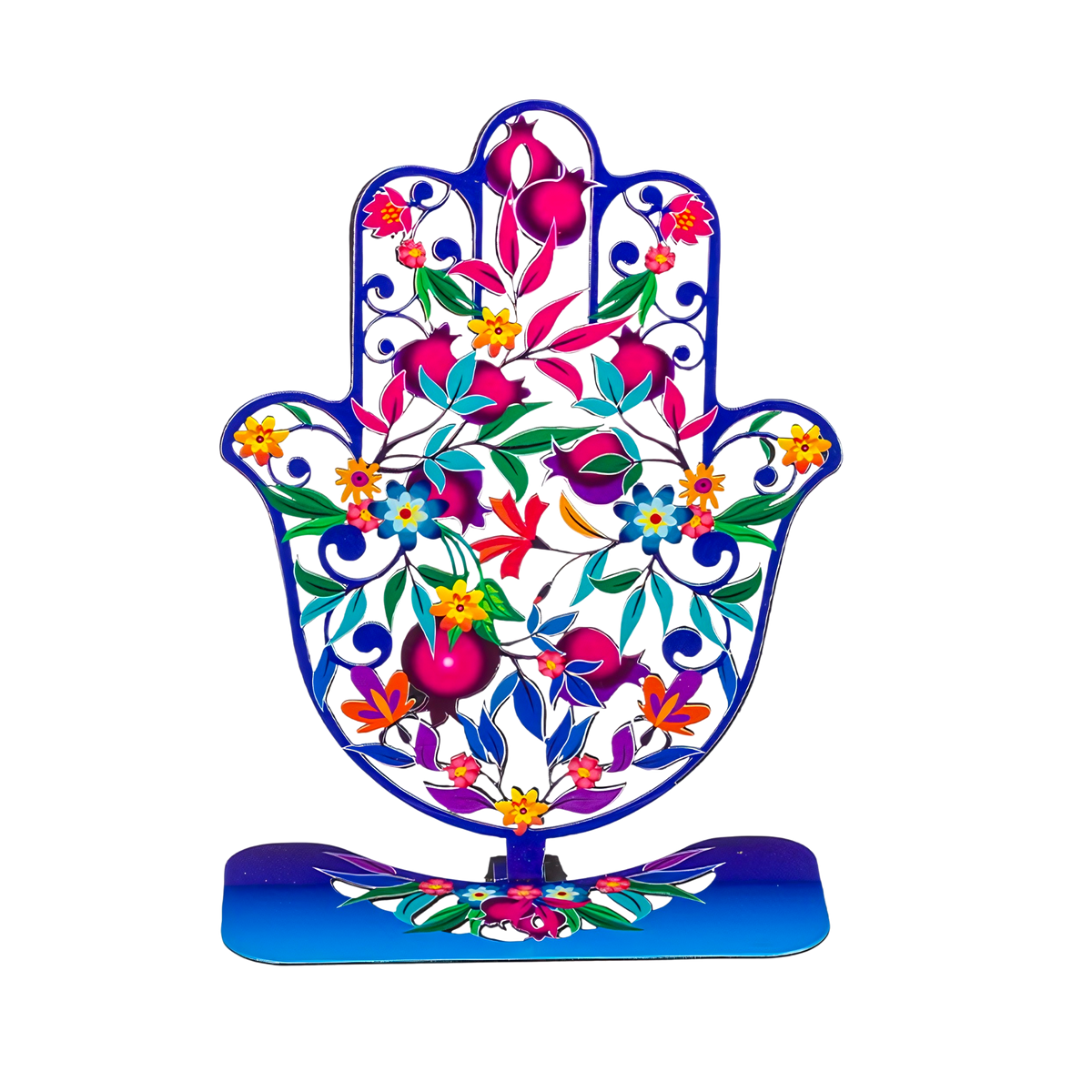 Metal Hamsa standing - Pomegranates and Flowers