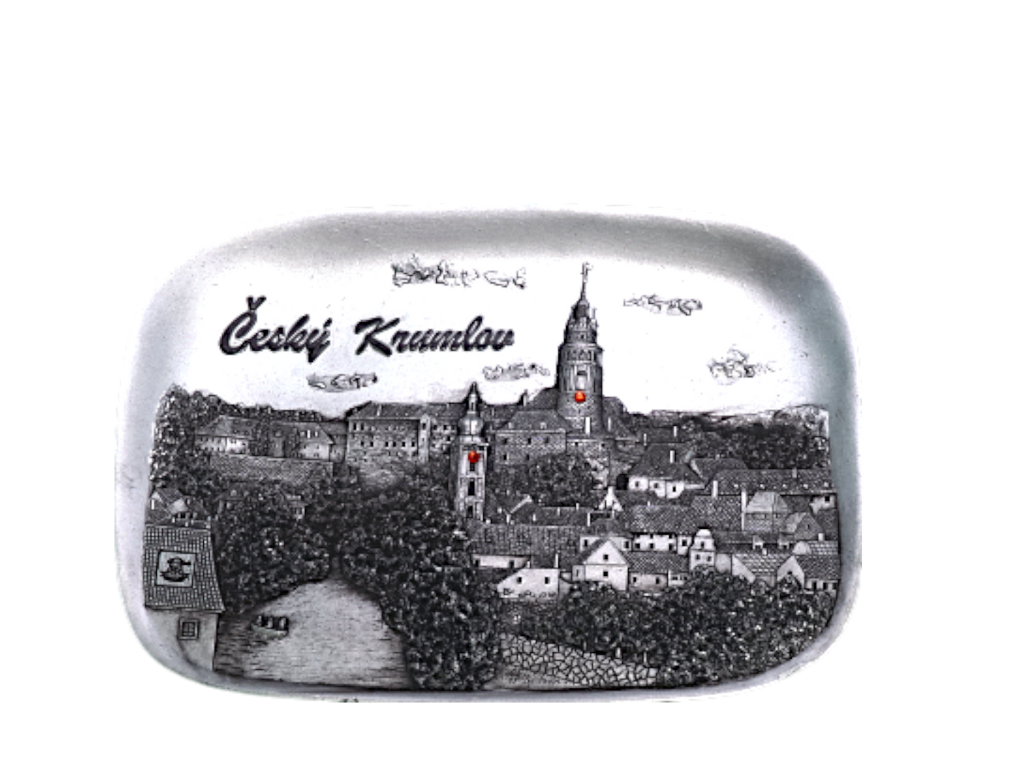 Rectangular ceramic tile with black and white detailed illustration of Český Krumlov town featuring church steeples and. - Daily - Prague Judaica
