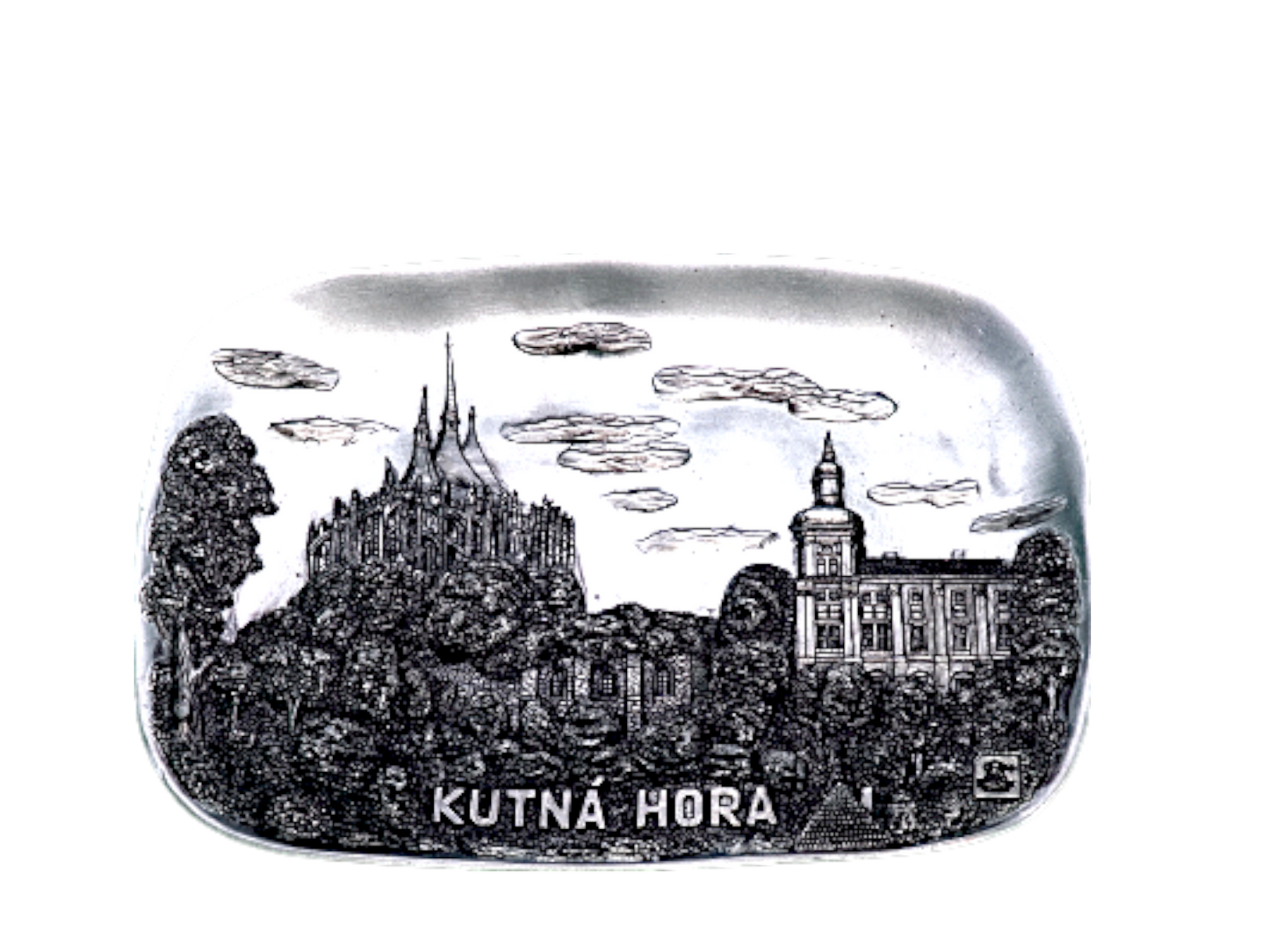 Rectangular ceramic tile featuring black and white detailed illustration of the Cathedral of St. - Daily - Prague Judaica