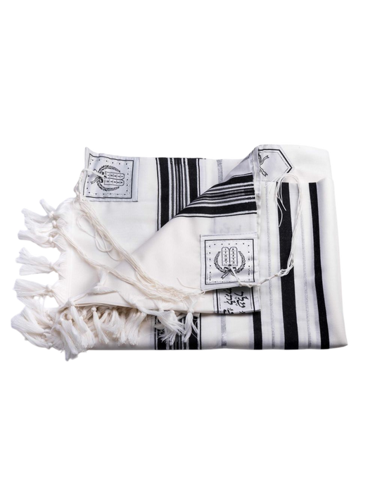 Pure Wool Tallit - Black and Silver Stripes