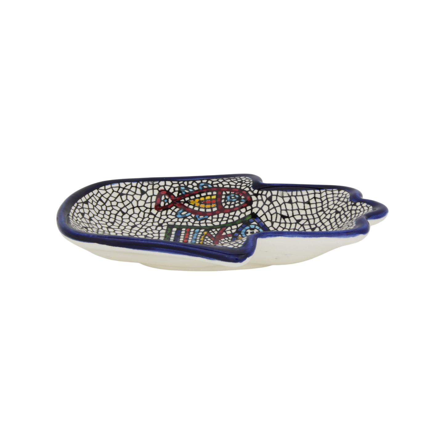 Ceramic Hamsa bowl shaped like a hand with blue outline, featuring intricate white mosaic tiles and a central colorful fish. - Tabgha mosaic - Prague Judaica