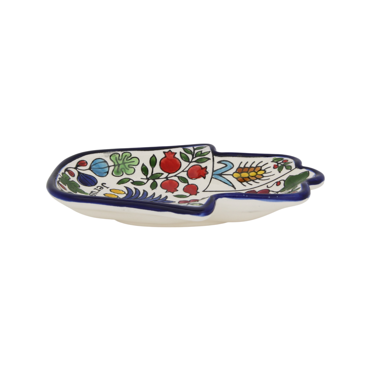 Hand-painted Armenian ceramic bowl shaped like a Hamsa hand, decorated with colorful pomegranate, flower, and leaf motifs in - Seven Spices - Prague Judaica