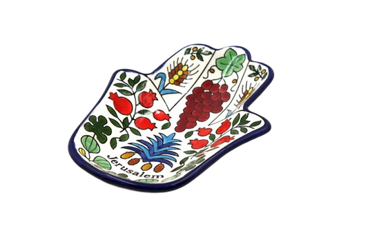 Armenian ceramic Hamsa bowl with colorful floral and fruit design – Prague Judaica. - Seven Spices - Prague Judaica