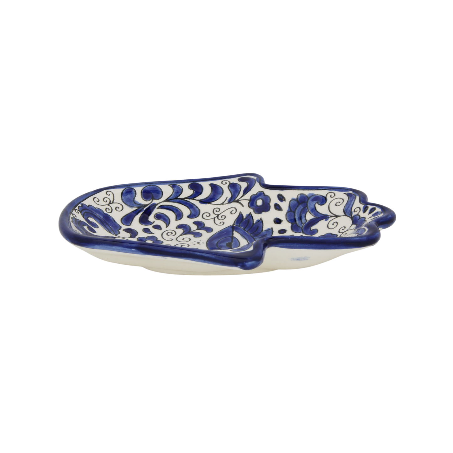 Armenian ceramic Hamsa bowl with blue eye motif, white and blue glaze – Prague Judaica. - Blue Eye 1 - Prague Judaica