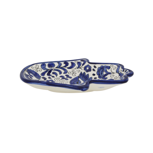 Armenian ceramic Hamsa bowl with blue eye motif, white and blue glaze – Prague Judaica. - Blue Eye 1 - Prague Judaica