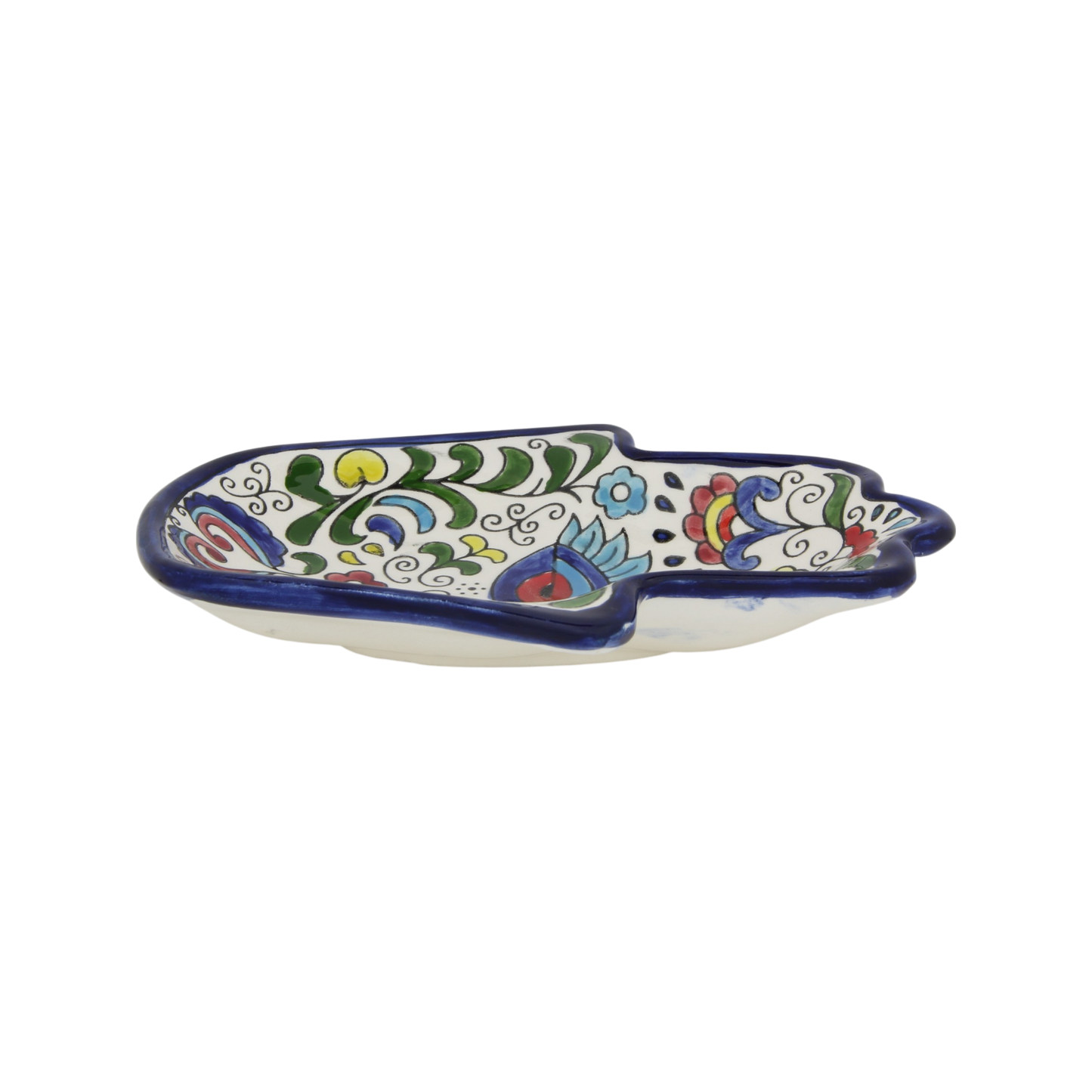 Ceramic bowl shaped like a hand with blue eye at center, decorated with colorful floral and vine motifs in blue, green, and. - Blue Eye 2 - Prague Judaica