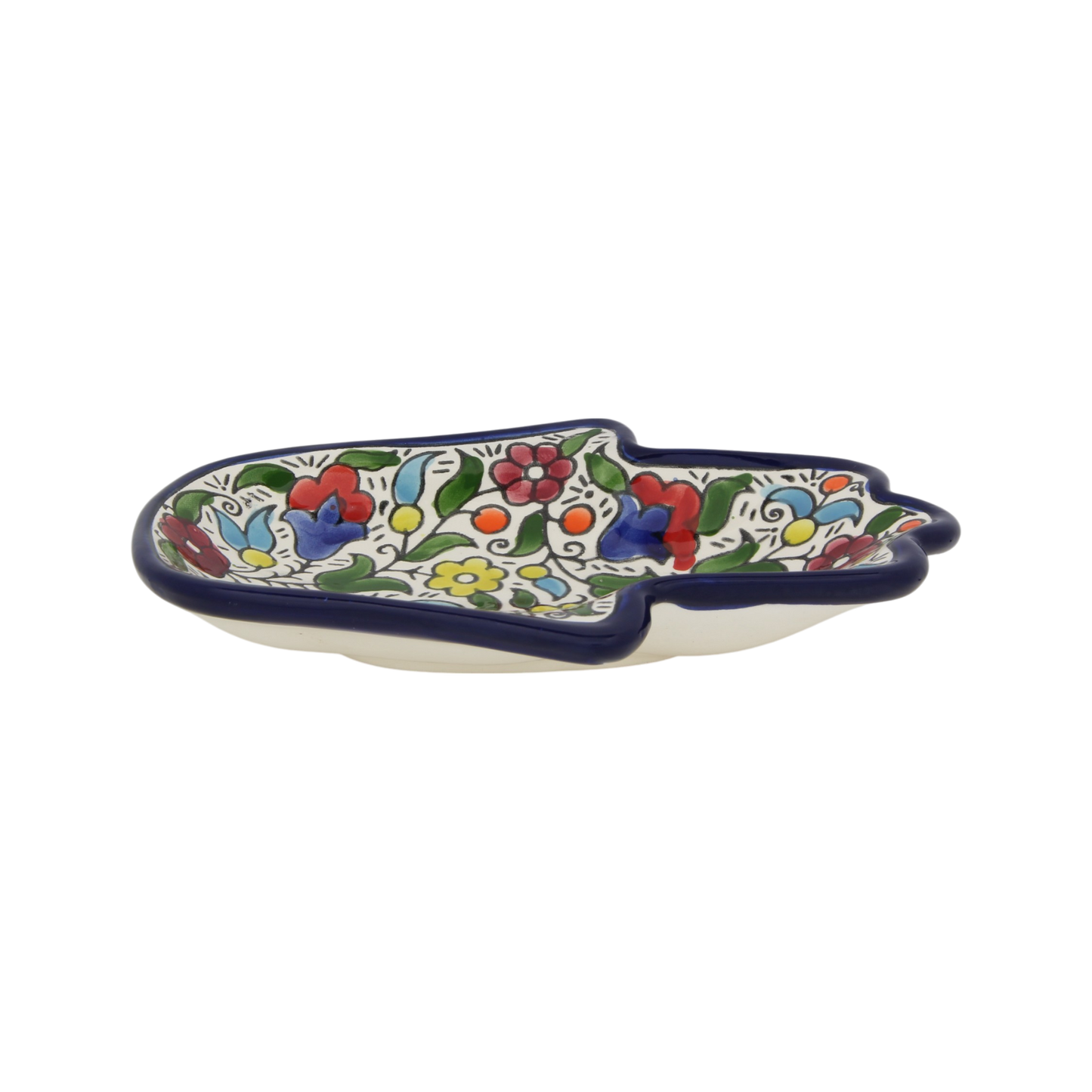Armenian ceramic Hamsa bowl with yellow flower motif, blue trim – Prague Judaica. - Yellow flowers - Prague Judaica