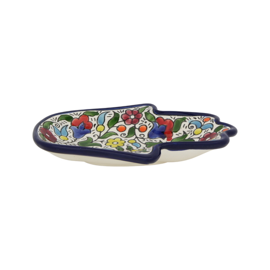Armenian ceramic Hamsa bowl with yellow flower motif, blue trim – Prague Judaica. - Yellow flowers - Prague Judaica