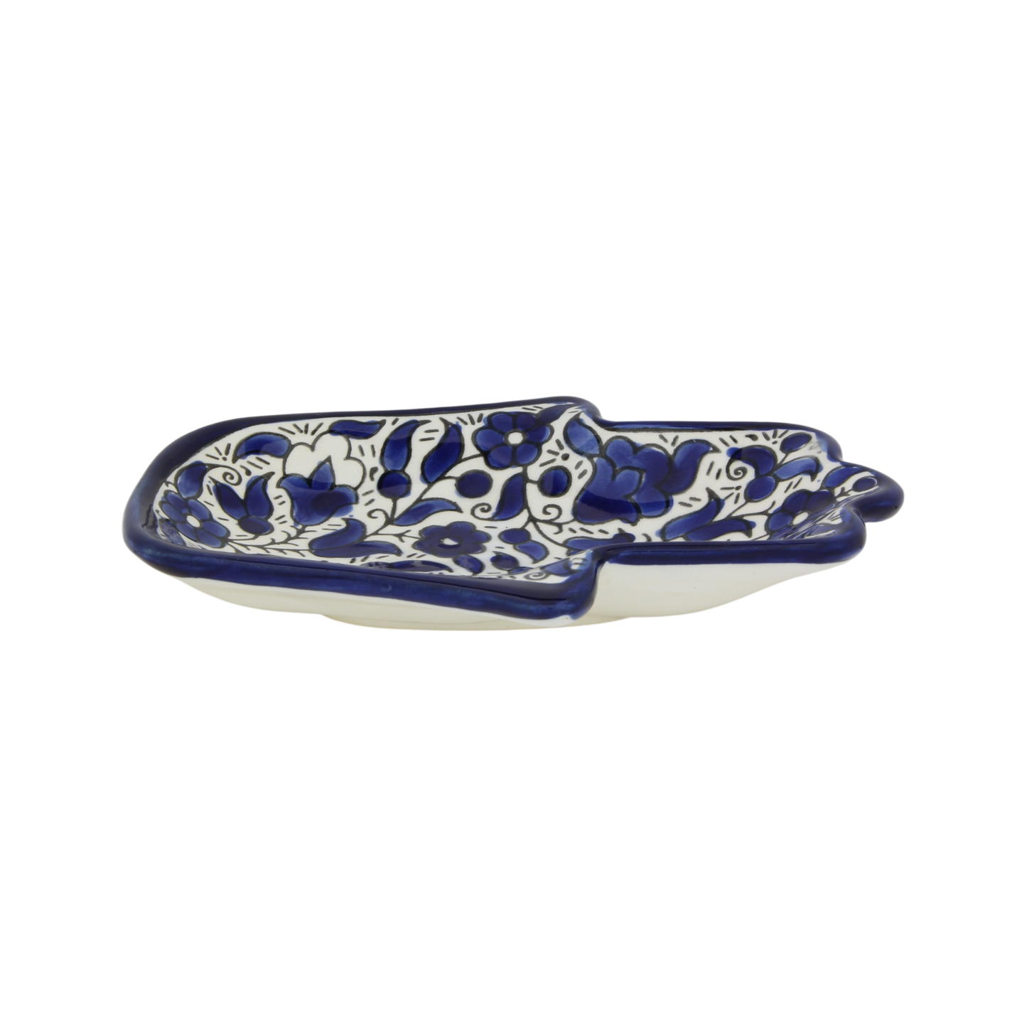 Blue and white ceramic Hamsa bowl with floral and vine patterns, glazed finish, slightly raised edges. - Blue flowers - Prague Judaica