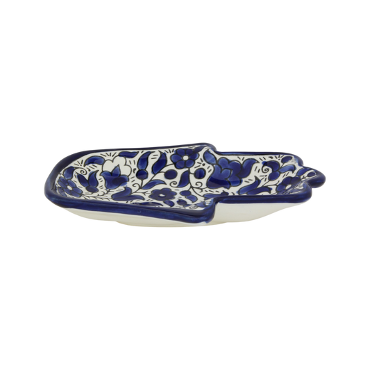 Blue and white ceramic Hamsa bowl with floral and vine patterns, glazed finish, slightly raised edges. - Blue flowers - Prague Judaica