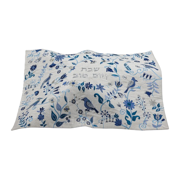 Blue embroidered challah cover with birds and flowers motif – Prague Judaica. - Default Title - Prague Judaica
