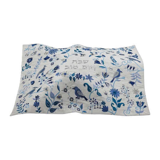 Blue embroidered challah cover with birds and flowers motif – Prague Judaica. - Default Title - Prague Judaica
