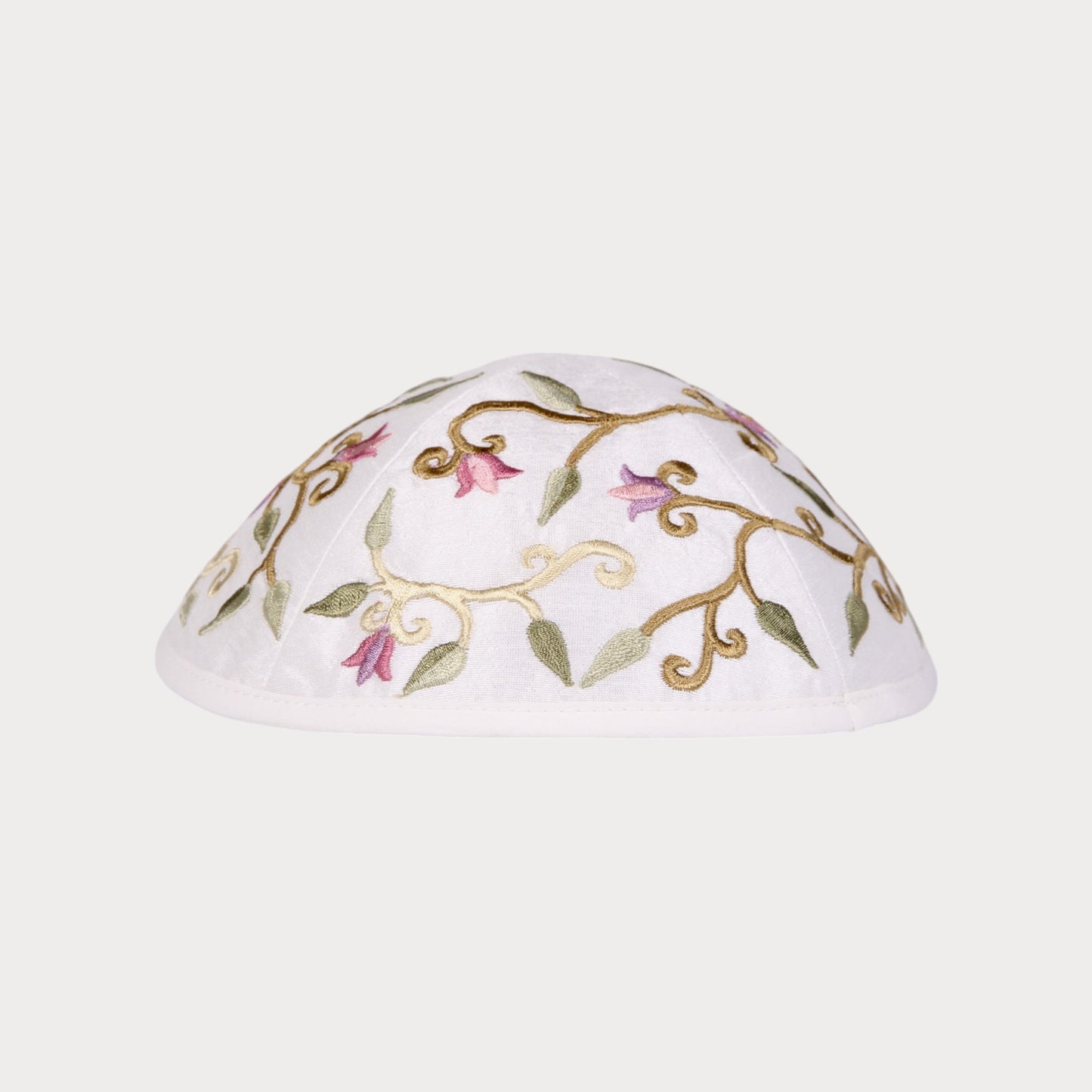 Kippah Emanuel - Embroidered - Flowers and leaves - White - Coloured
