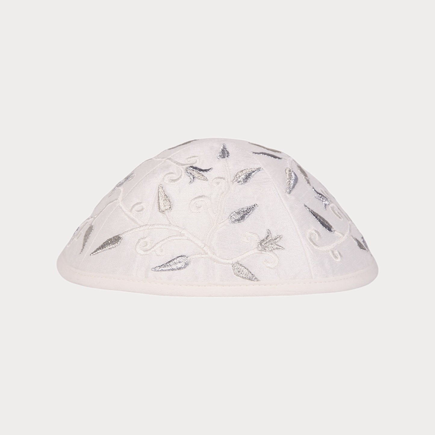 Kippah Emanuel - Embroidered - Flowers and leaves - White - Silver