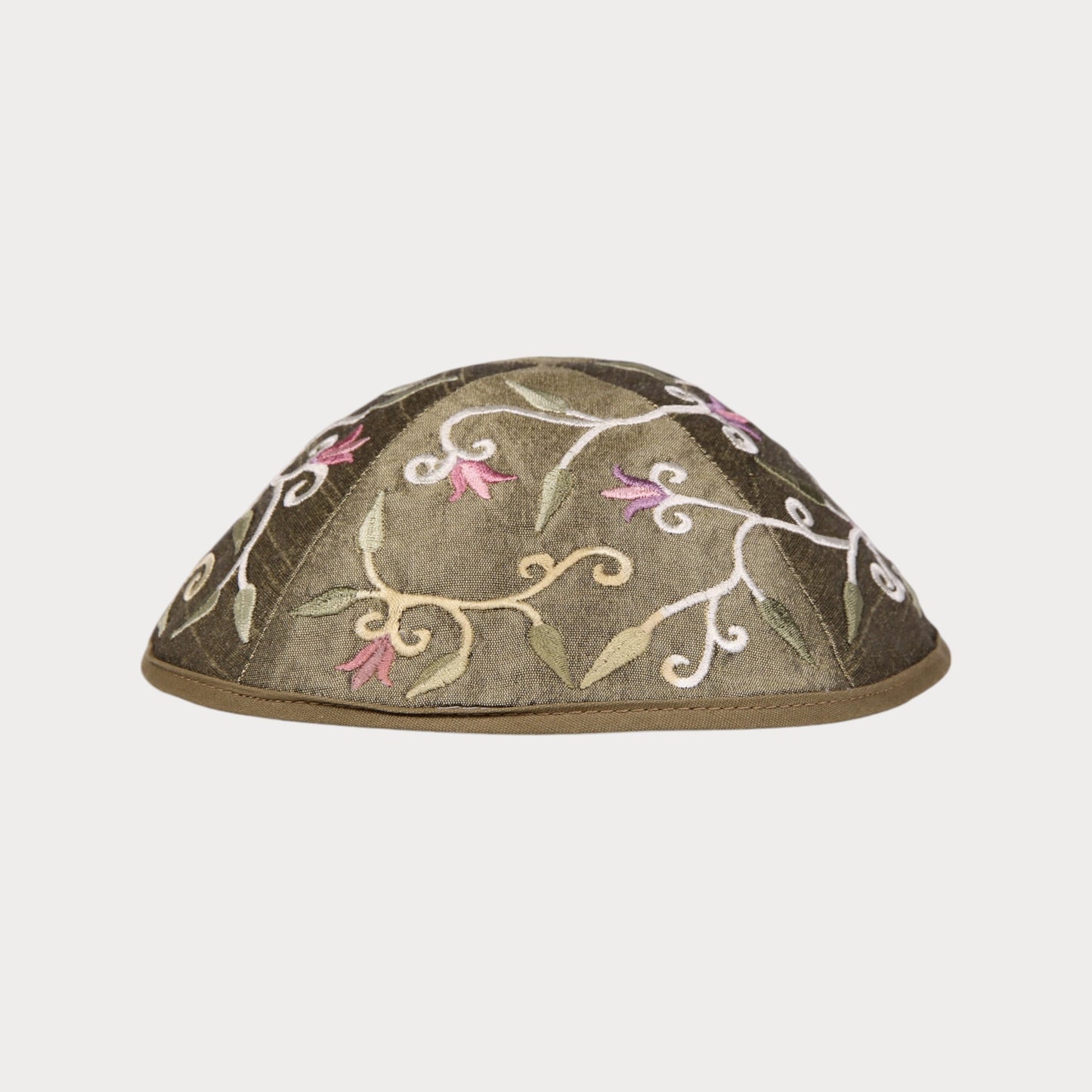 Kippah Emanuel - Embroidered - Flowers and leaves - Green - Brown