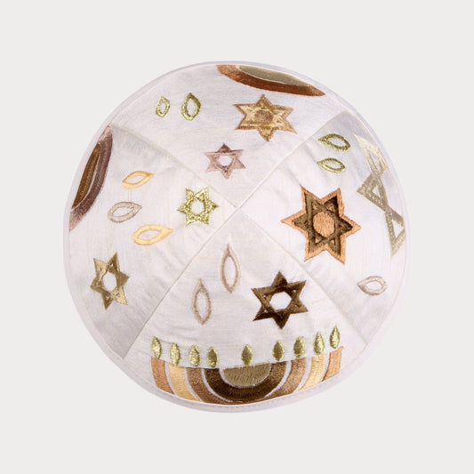 Kippah Emanuel - Embroidered - Menorah - Gold - Brown