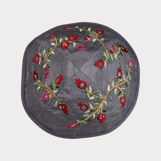 Kippah Emanuel - Embroidered - Pomegranates - Grey