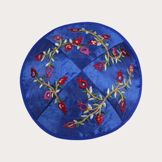 Kippah Emanuel - Embroidered - Pomegranates - Blue