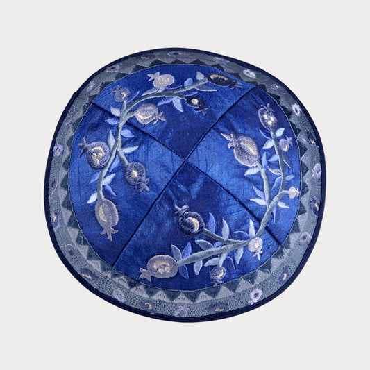 Kippah Emanuel - Embroidered - Pomegranates - Blue