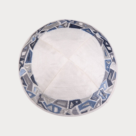 Kippah Emanuel - Embroidered - Geometric shapes - Grey - Blue