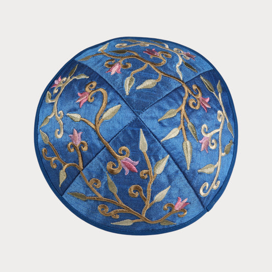 Kippah Emanuel - Embroidered - Flowers and leaves - Blue