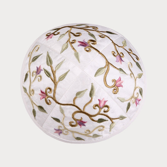 Kippah Emanuel - Embroidered - Flowers and leaves - White - Coloured