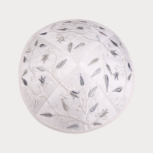 Kippah Emanuel - Embroidered - Flowers and leaves - White - Silver