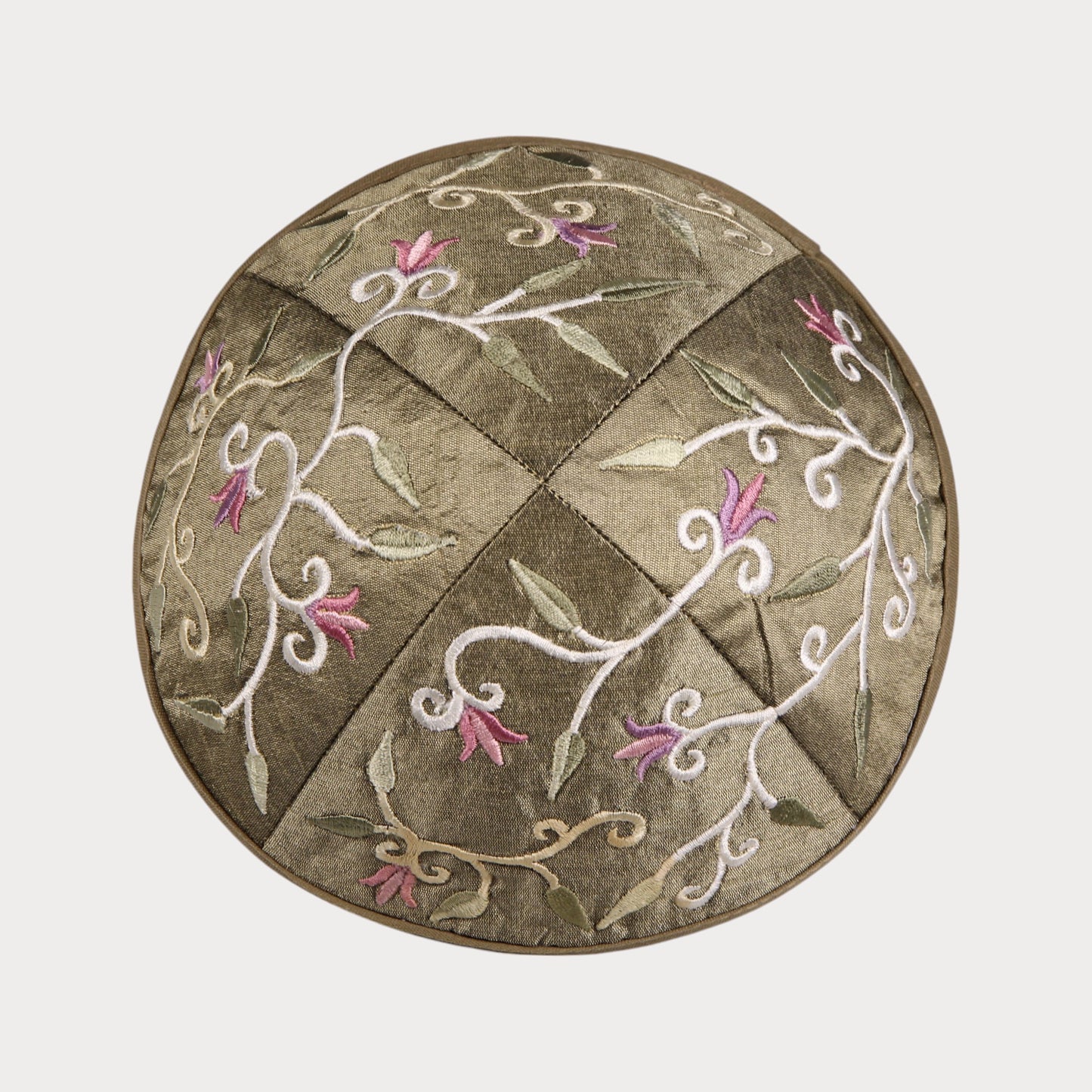 Kippah Emanuel - Embroidered - Flowers and leaves - Green - Brown
