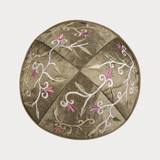 Kippah Emanuel - Embroidered - Flowers and leaves - Green - Brown