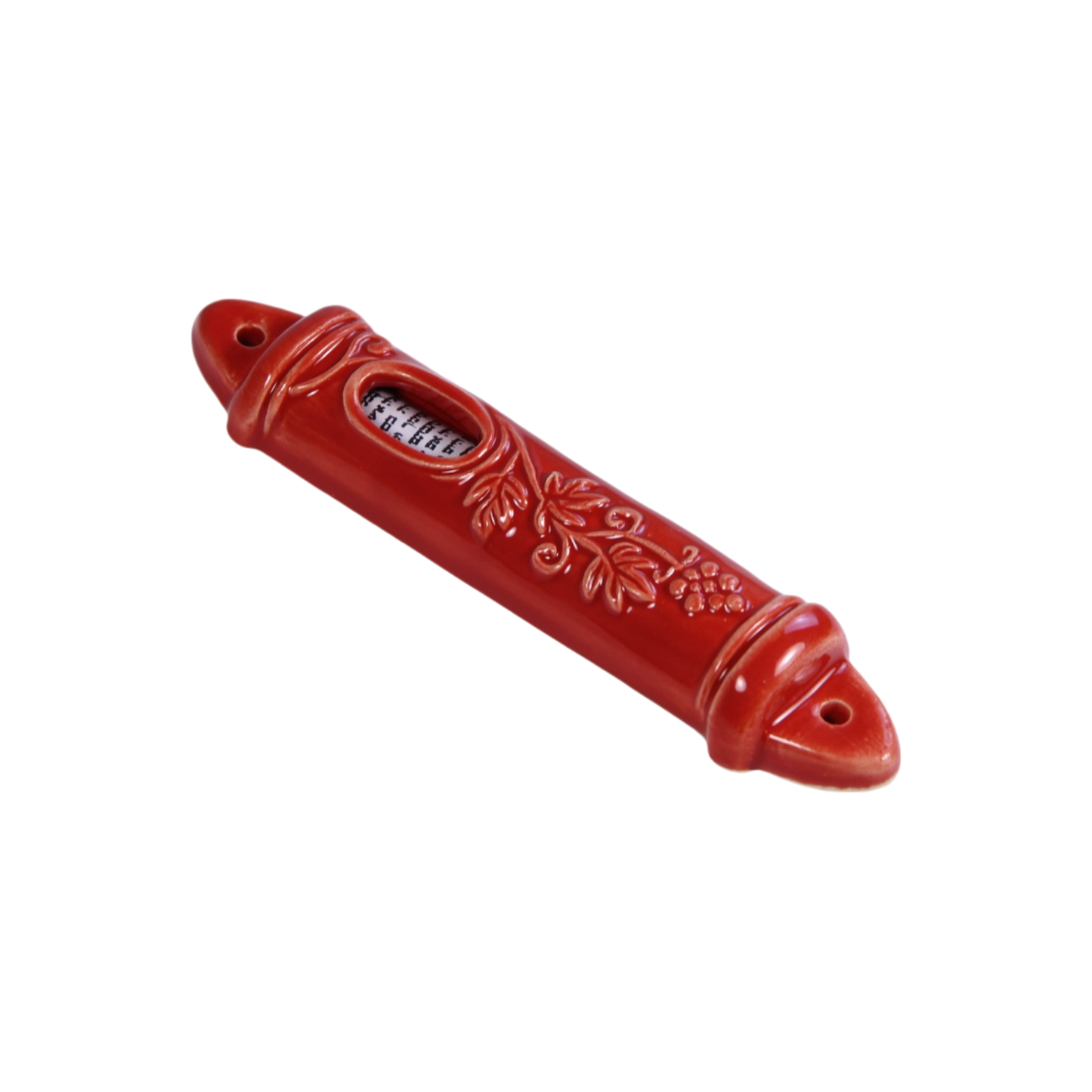 Glossy red ceramic mezuzah case with raised grapevine and leaf motifs, featuring a small window to display the scroll,. - Light brown - Prague Judaica