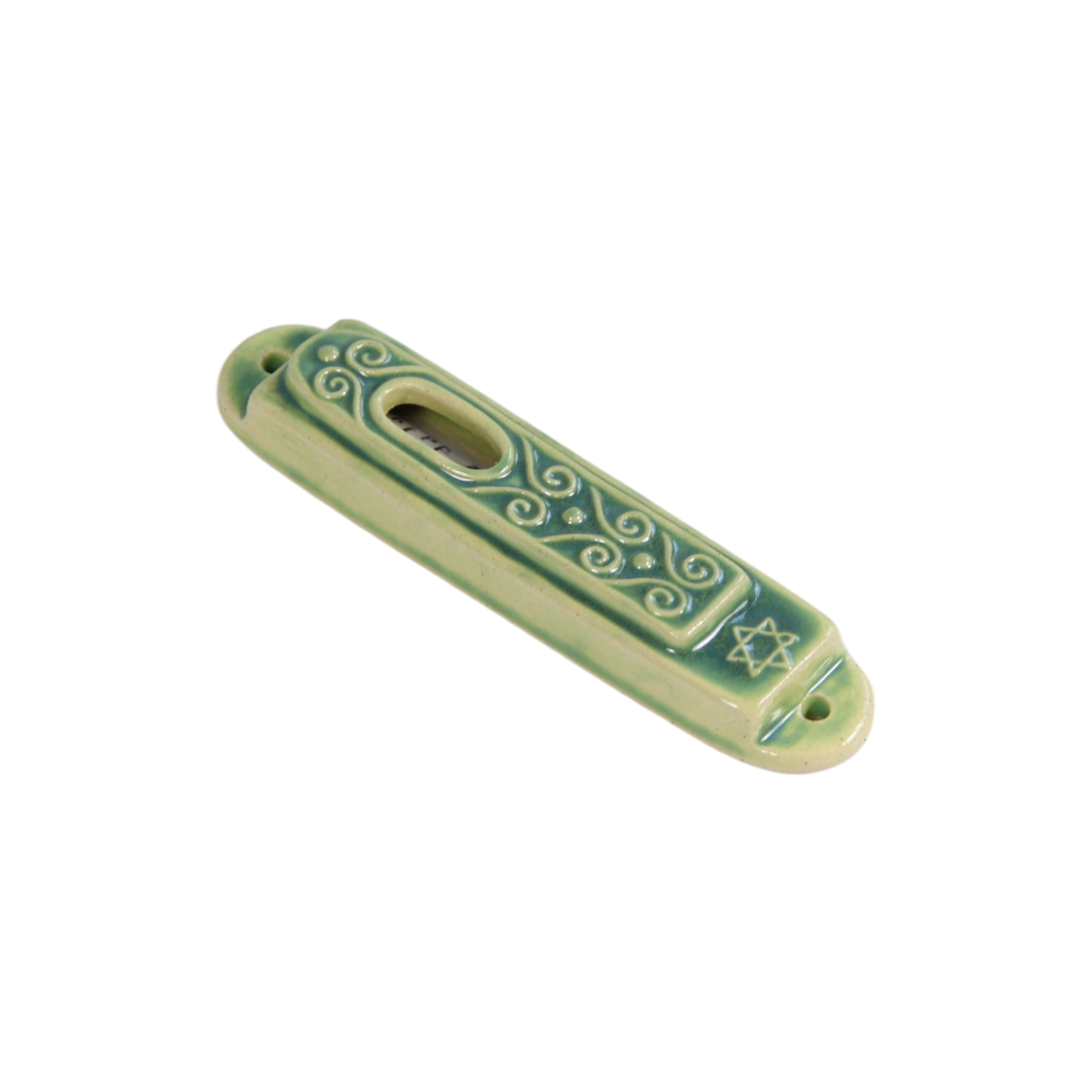 Elongated rectangular ceramic mezuzah with glossy turquoise glaze, featuring raised ornamental scrollwork and a small Star. - Blue glazed - Prague Judaica