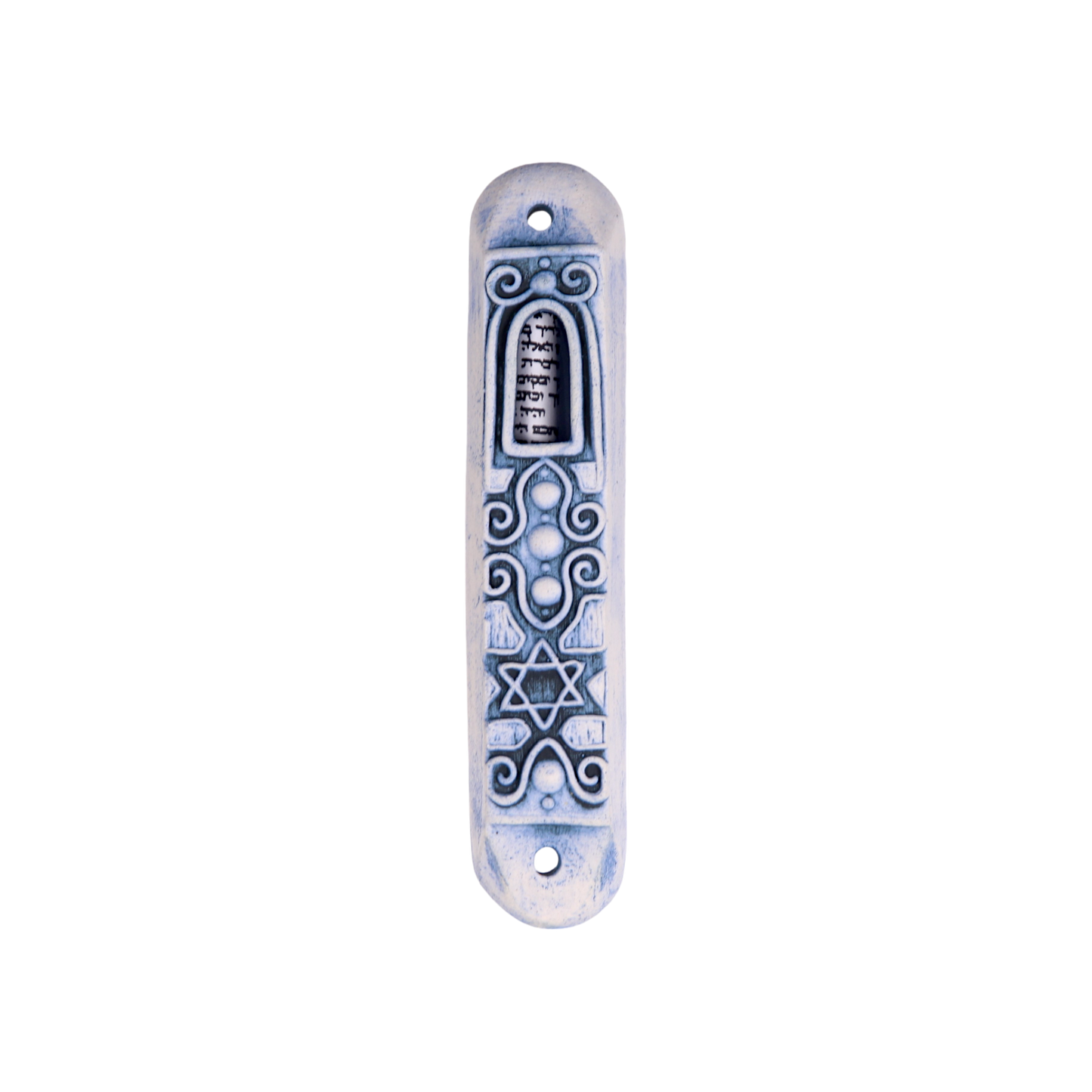 Blue and white ceramic mezuzah with ornamental Judaica design featuring a stylized Torah scroll and Star of David. - Light brown glazed - Prague Judaica