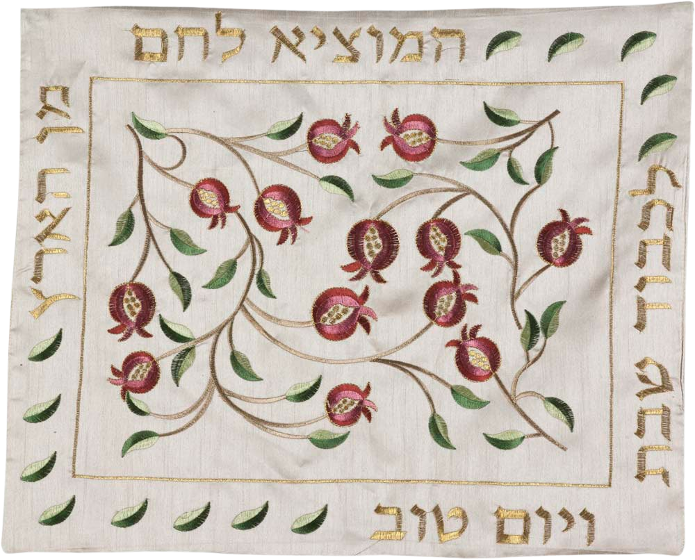 Challah cover with pomegranates and gold Hebrew frame – Prague Judaica. - Golden Frame - Prague Judaica
