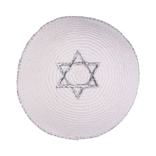 Knited White Kippah with Silver Magen David