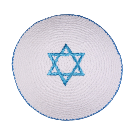 Knited White Kippah with Turquoise Magen David