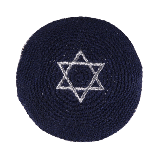 Knited Dark Blue Kippah with Silver Magen David