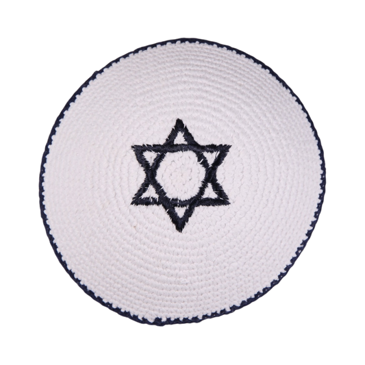 Knited White Kippah with Black Magen David