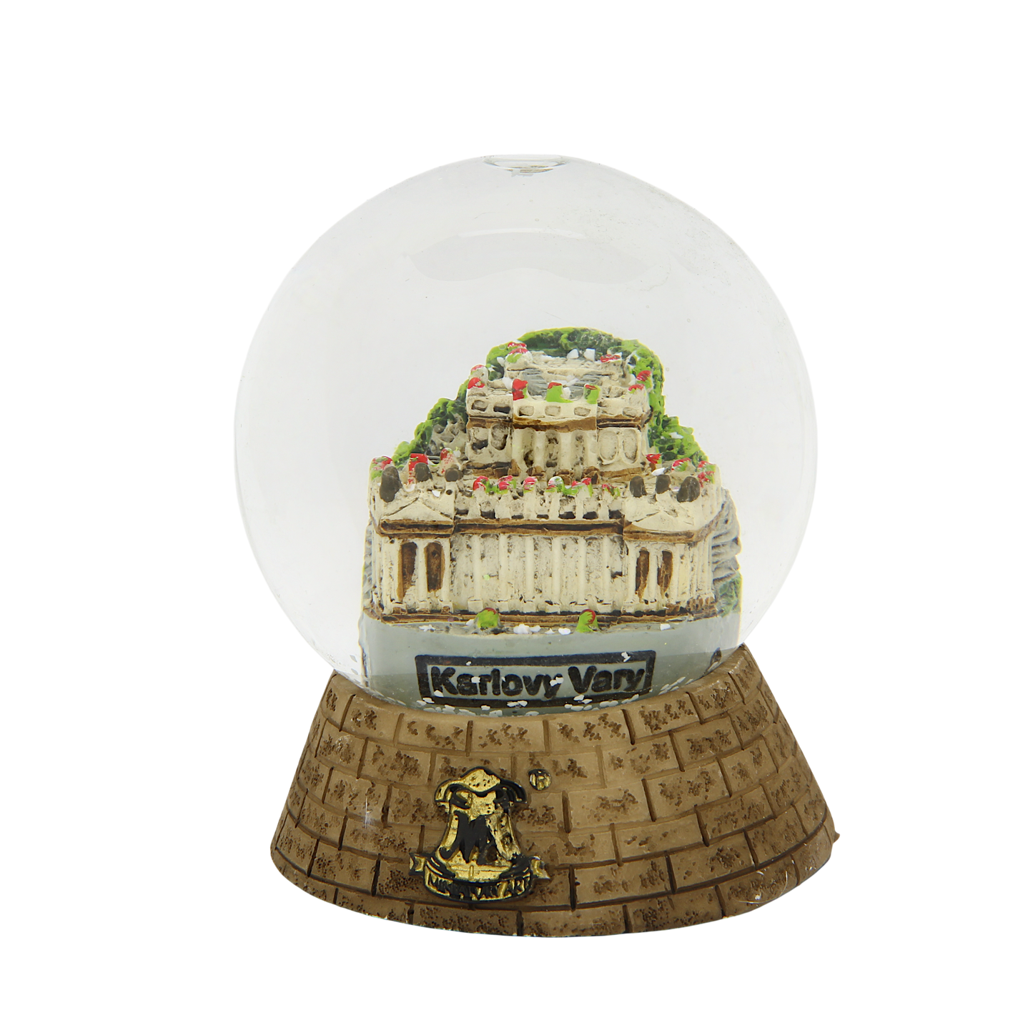 Snow globe with Karlovy Vary Mill Colonnade design, brown base – Prague Judaica. - Large - Prague Judaica