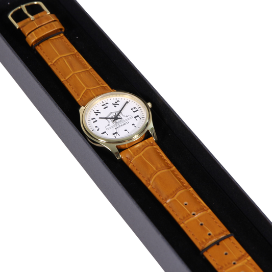 Mens Altneu Hebrew backwards watch - Light Brown Leather