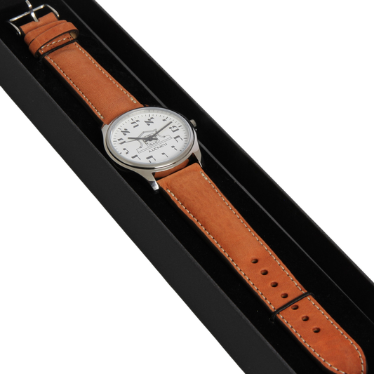 Mens Altneu Hebrew backwards watch - Light Brown Suede