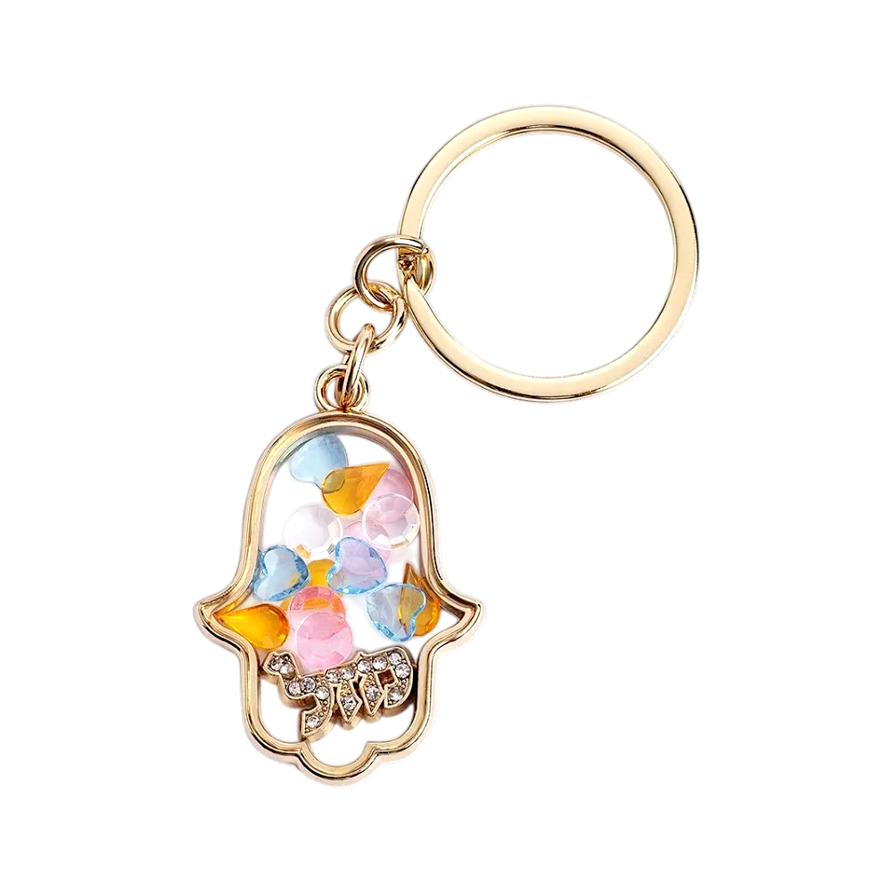 Gold Hamsa Shaker Keychain with Colorful Hearts and Crystals