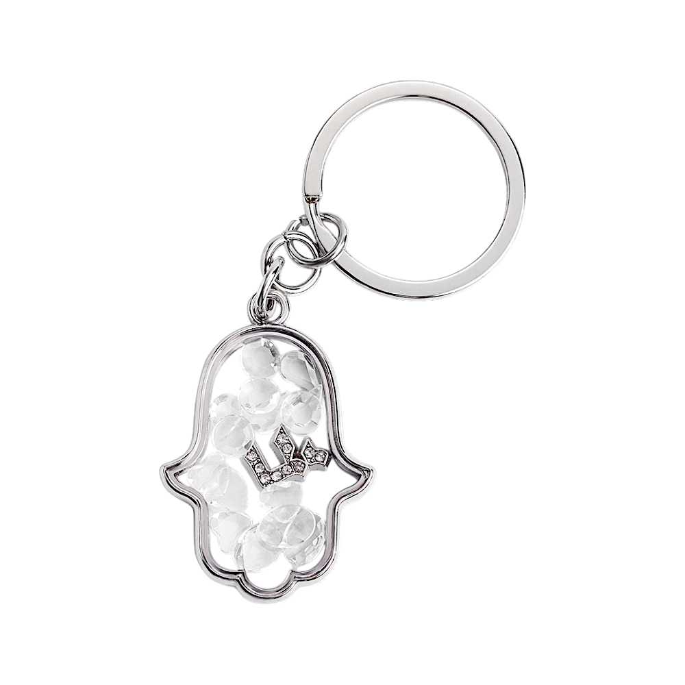 Silver Hamsa Shaker Keychain with Clear Hearts and Crystals
