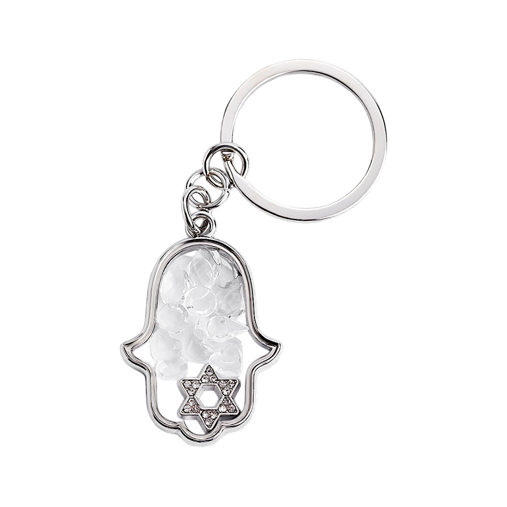 Silver Hamsa Shaker Keychain with Clear Hearts and Crystals