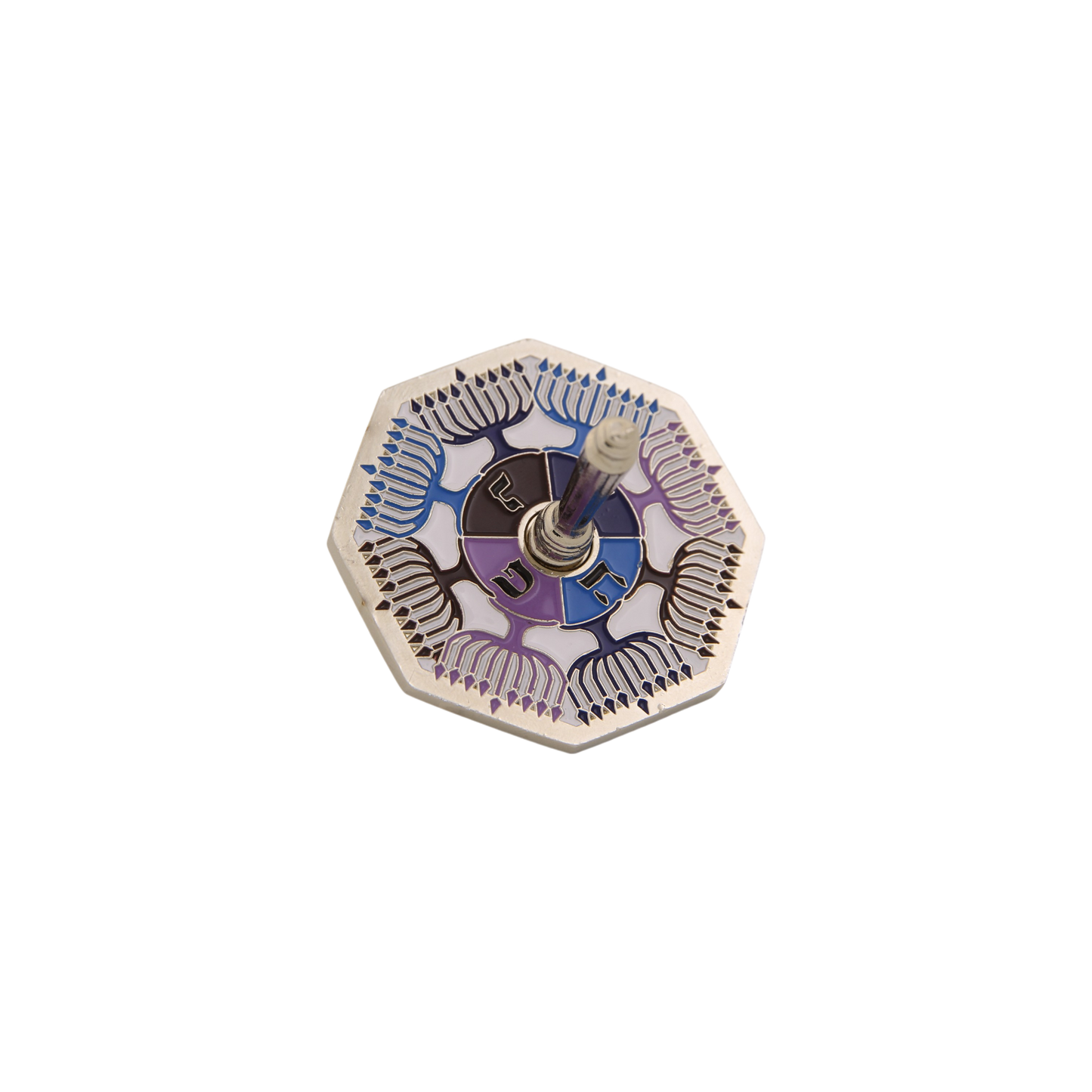 Metal Dreidel with motif of Chanukiah