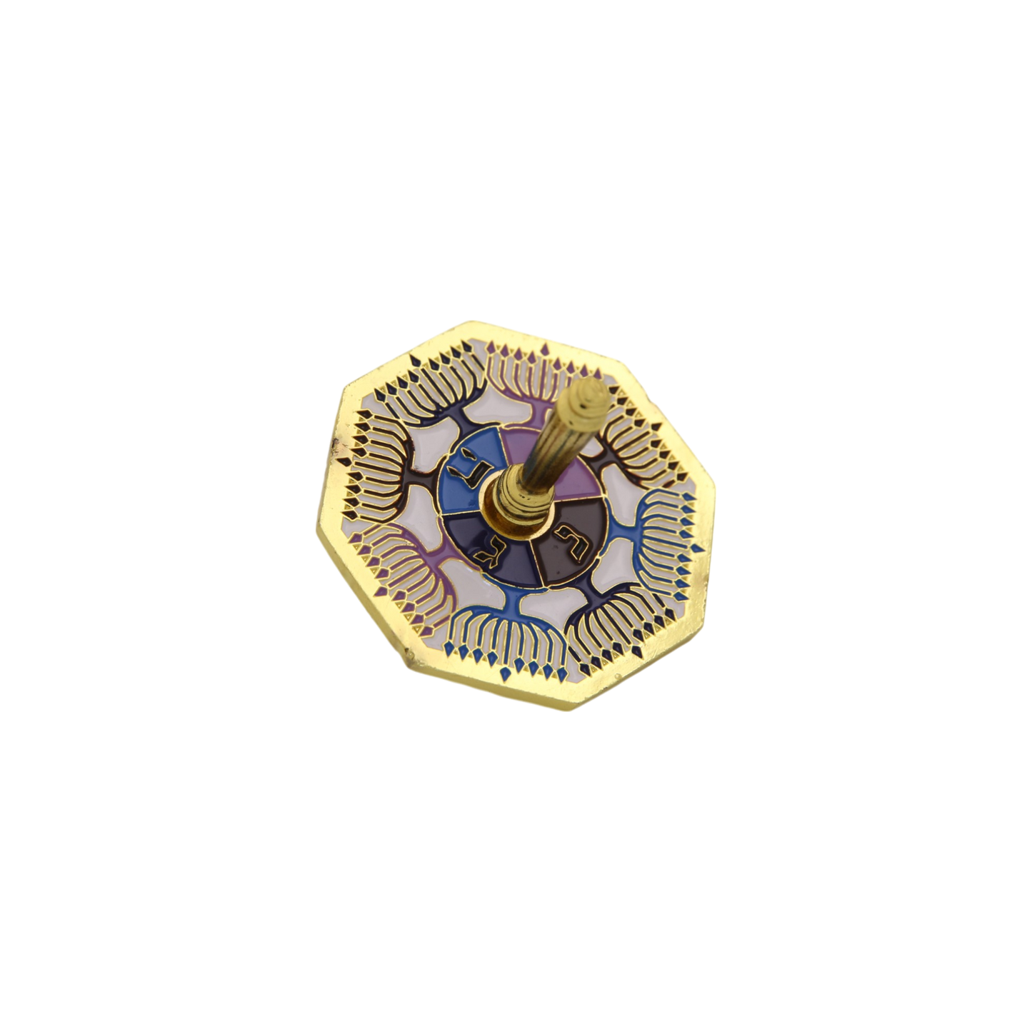 Metal Dreidel with motif of Chanukiah